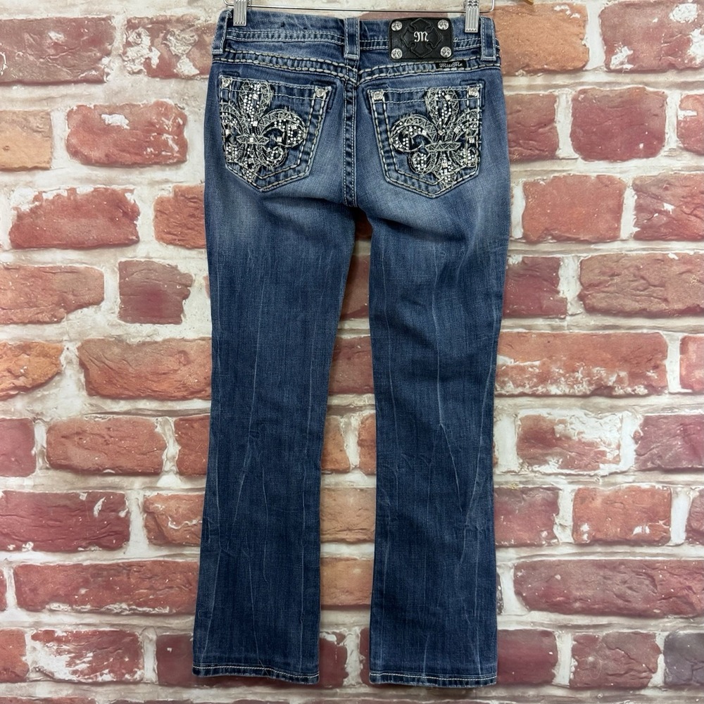 Miss Me Slim Bootcut Jeans Women's 26 Blue Fleur De Lis Rhinestone Denim Pants - Picture 2 of 10